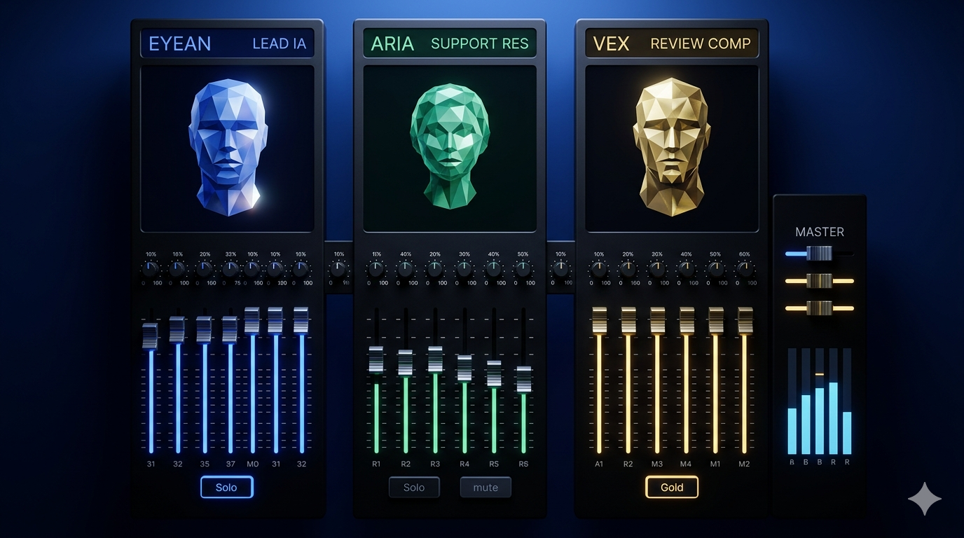 Actor Channel Strips Mixing Console — individual AI actor channels like an audio mixing board